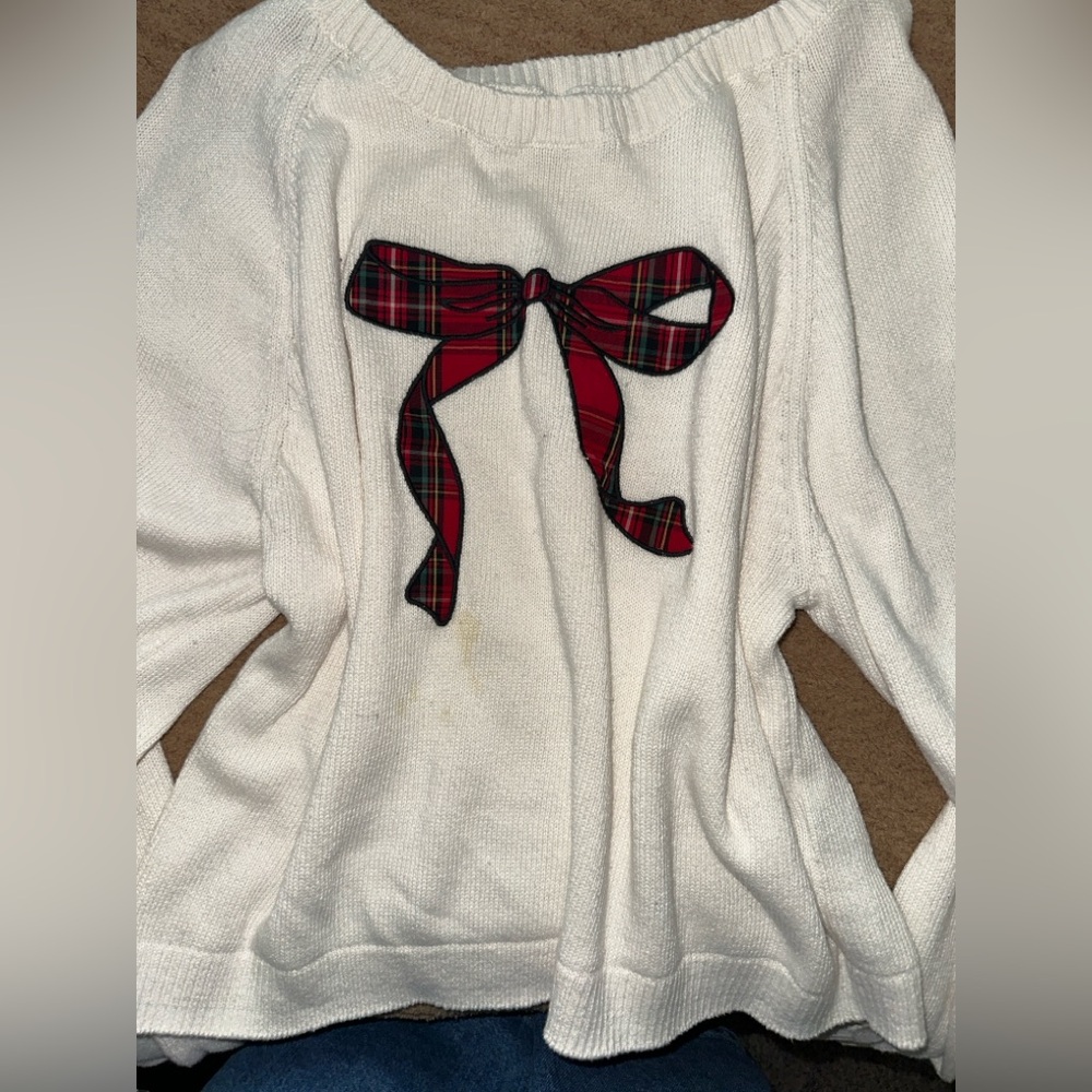 Hollister White Sweater with Red Plaid Bow
